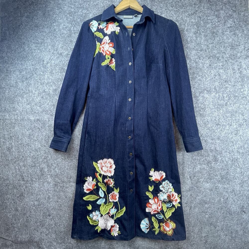 New York & Company Dress‎ Small Denim Embroidered Flowers Button Front 90s Boho